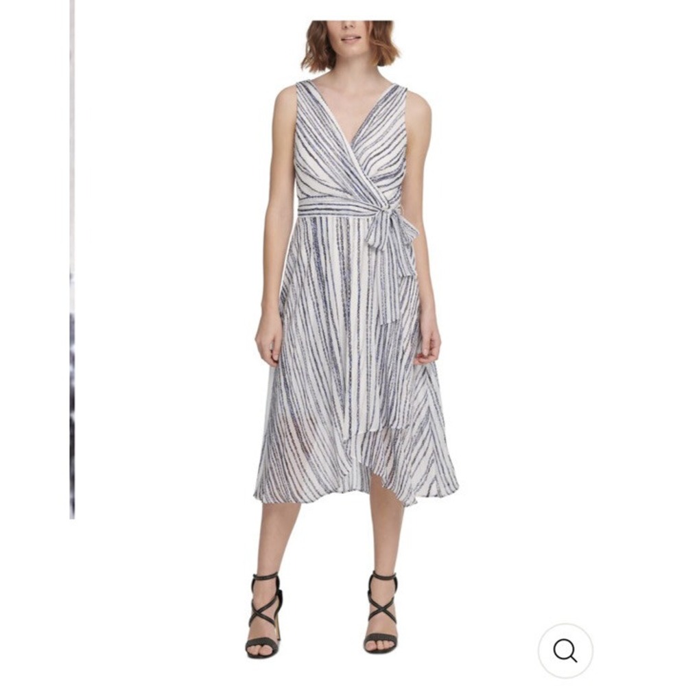 DKNY Blue White Chain Print Asymmetrical Hem Midi Dress Size 14 NEW